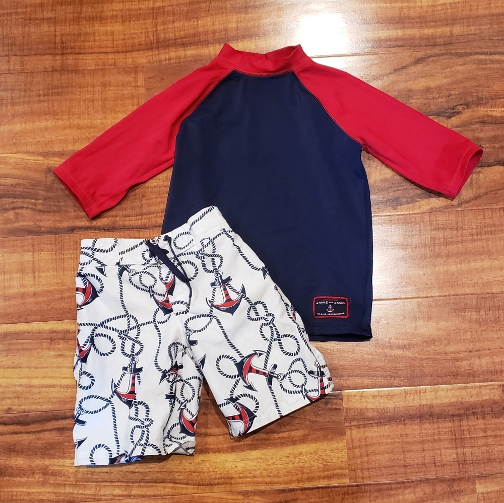 Janie and Jack EUC Boys 5 rashguard and matching nautical anchor swim shorts